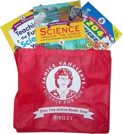 Red tote with Janice VanCleave goodies inside