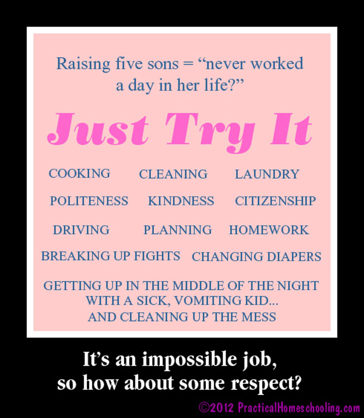 Raising five sons = "never worked a day in her life?" Cooking • Cleaning • Laundry • Politeness • Kindness • Citizens • Driving • Planning • Homework • Breaking Up Fights • Changing Diapers • Getting up in the middle of the night with a sick, vomiting kid... and cleaning up the mess. It's an impossible job, so how about some respect?